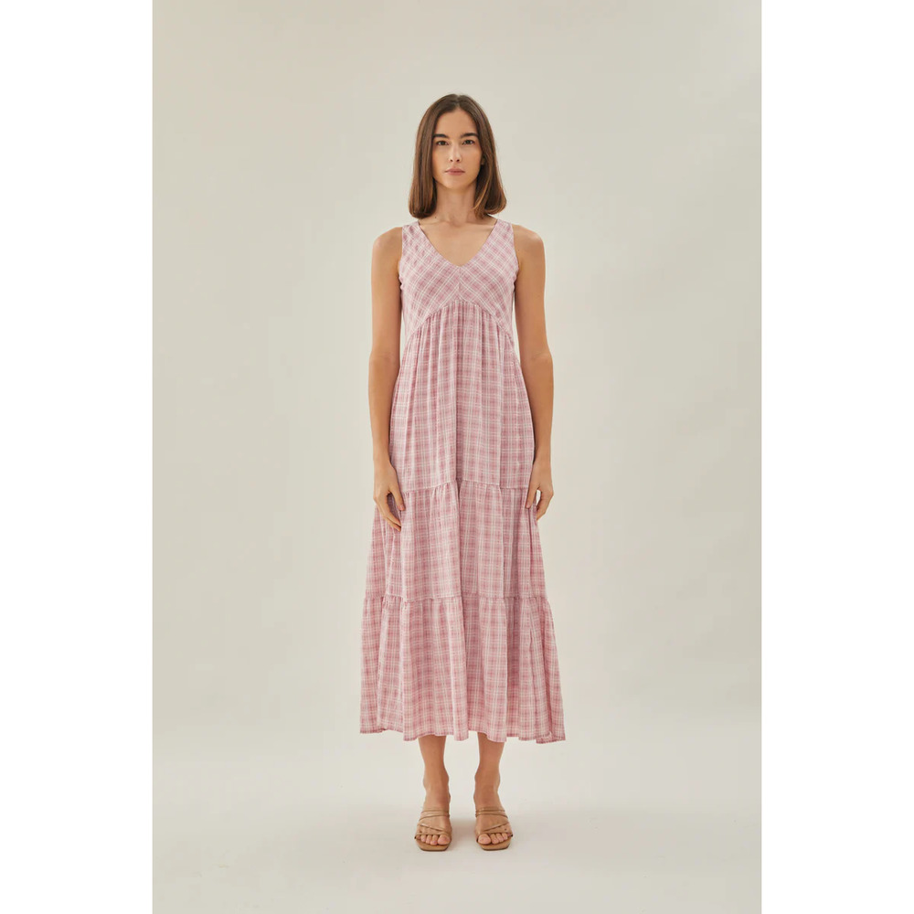 Tiered Maxi Sudress Plaid V Neck Sleeveless Side Pockets Cotton Rose S